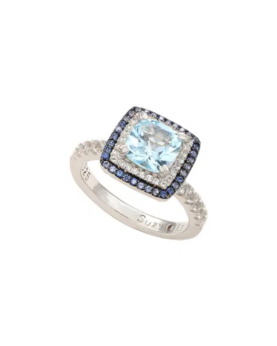 Suzy Levian Silver 0.02 Ct. Tw. Diamond & Gemstone Double Halo Ring In Blue