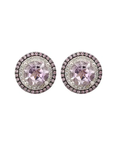 Suzy Levian Silver 0.02 Ct. Tw. Diamond & Gemstone Double Halo Studs In Pink