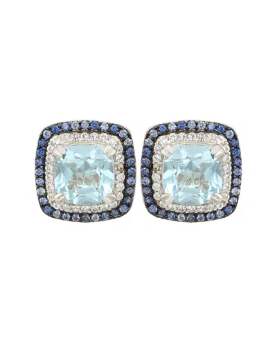 Suzy Levian Silver 0.02 Ct. Tw. Diamond & Gemstone Double Halo Studs In Blue
