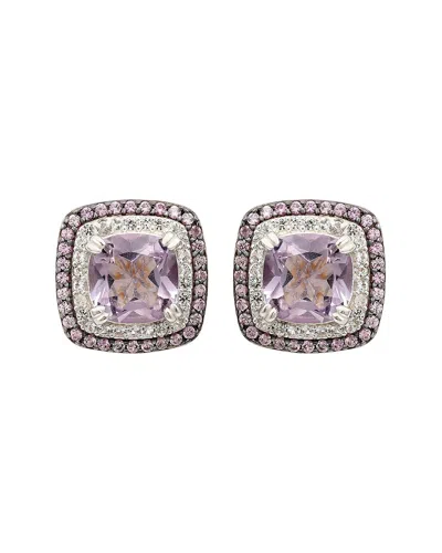 Suzy Levian Silver 0.02 Ct. Tw. Diamond & Gemstone Double Halo Studs In Metallic