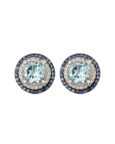 Suzy Levian Silver 0.02 Ct. Tw. Diamond & Gemstone Double Halo Studs In Metallic