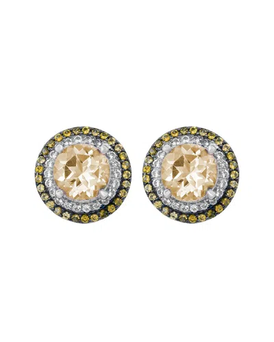 Suzy Levian Silver 0.02 Ct. Tw. Diamond & Gemstone Double Halo Studs In Metallic
