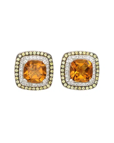 Suzy Levian Sterling Silver Cushion Cut Citrine, White Topaz & Yellow Sapphire Halo Stud Earrings