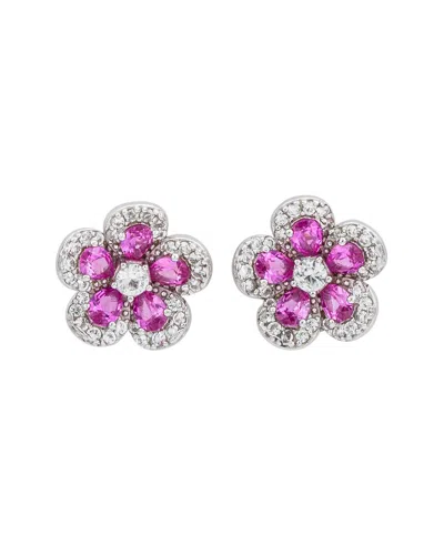 Suzy Levian Silver 0.02 Ct. Tw. Diamond & Gemstone Flower Earrings In Purple