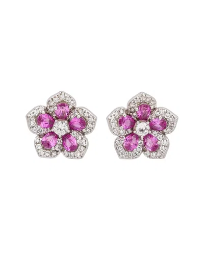 Suzy Levian Silver 0.02 Ct. Tw. Diamond & Gemstone Flower Earrings In Purple