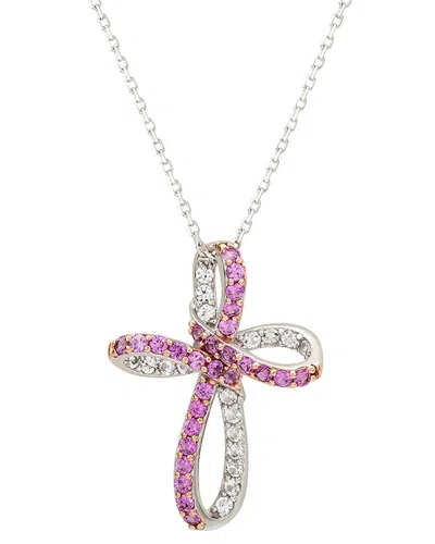 Suzy Levian Silver 0.02 Ct. Tw. Diamond & Sapphire Cross Pendant In Metallic