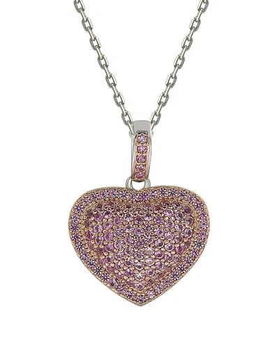 Suzy Levian Pink Sapphire Rose Sterling Silver Pave Heart Pendant