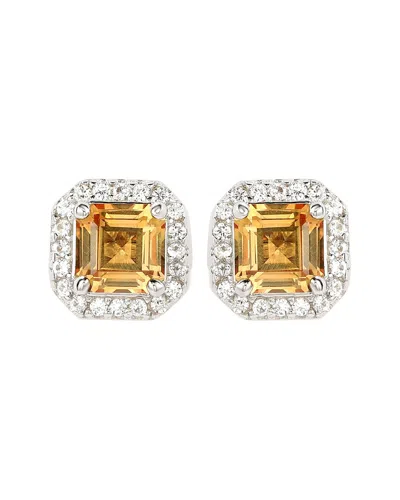 Suzy Levian Sterling Silver Assher Cut Yellow Sapphire Halo Stud Earrings In Orange