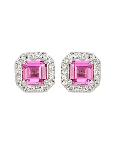 Suzy Levian Sterling Silver Assher Cut Pink Sapphire Halo Stud Earrings