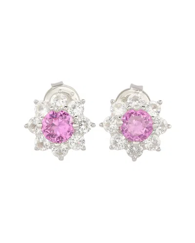 Suzy Levian Sterling Silver Pink Sapphire Flower Halo Stud Earrings In Purple