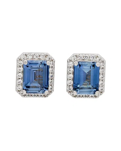 Suzy Levian Sterling Silver Emerald Cut Blue Sapphire Diamond Accent Halo Stud Earrings In Metallic