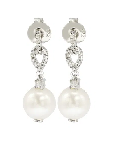 Suzy Levian Sterling Silver 8mm Freshwater Pearl & Created Sapphire Hang Earrings In White