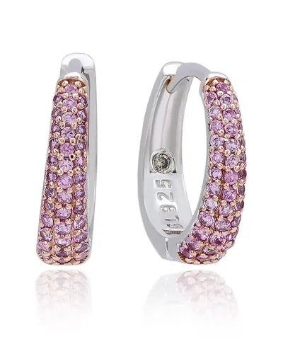 Suzy Levian Silver 0.39 Ct. Tw. Diamond & Pink Sapphire Huggie Hoop Earrings In Metallic