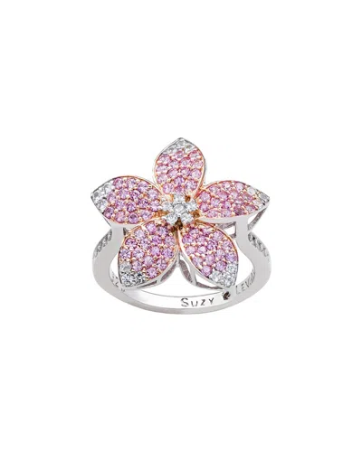 Suzy Levian Silver 0.55 Ct. Tw. Diamond & Pink Sapphire Flower Ring In Transparent