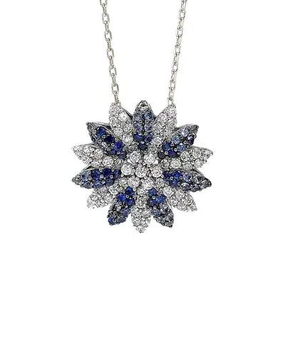 Suzy Levian Sapphire And Diamond Accent In Sterling Silver Petite Flower Pendant In Blue