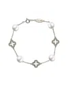 Suzy Levian Sterling Silver Clover White Sapphire And Cultured Pearl Bracelet
