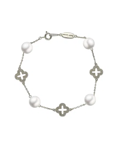 Suzy Levian Sterling Silver Clover White Sapphire And Cultured Pearl Bracelet In Blue