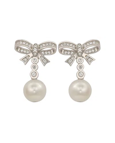 Suzy Levian Silver Created White Sapphire & 8mm Pearl Bow Earring In Metallic