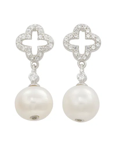 Suzy Levian Silver Created White Sapphire & 8mm Pearl Clover Dangle Earring In Metallic