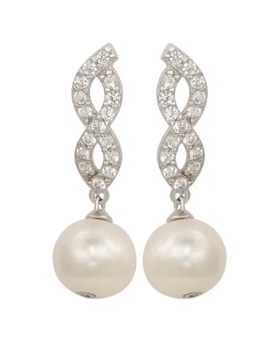 Suzy Levian Silver Created White Sapphire & 8mm Pearl Infinity Dangle Earring In Metallic