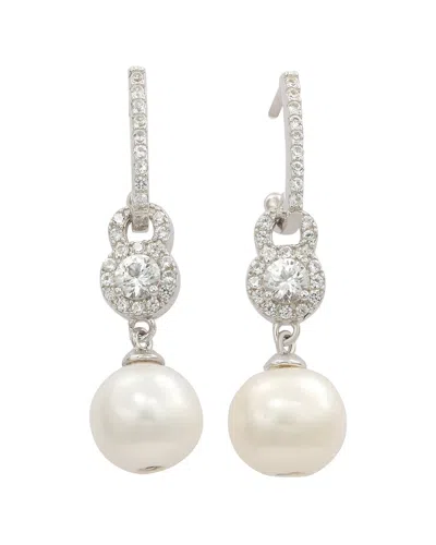 Suzy Levian Silver Created White Sapphire & 8mm Pearl Pearl Dangle Earring In Metallic