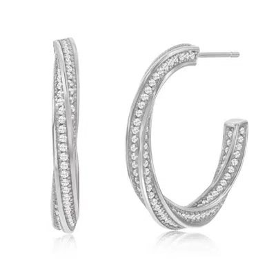 Suzy Levian Sterling Silver & White Cubic Zirconia Pave Twisted Hoop Earrings In Metallic