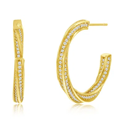 Suzy Levian Sterling Silver & White Cubic Zirconia Pave Twisted Hoop Earrings In Gold