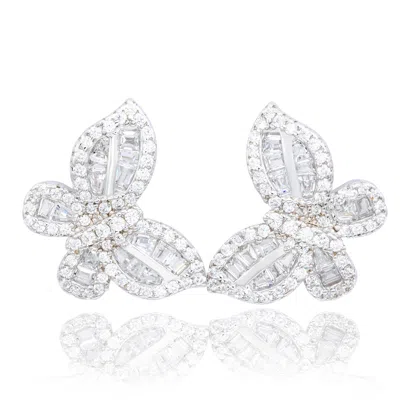 SUZY LEVIAN STERLING SILVER & WHITE CUBIC ZIRCONIA ROUND AND BAGUETTE CUT BUTTERFLY EARRINGS