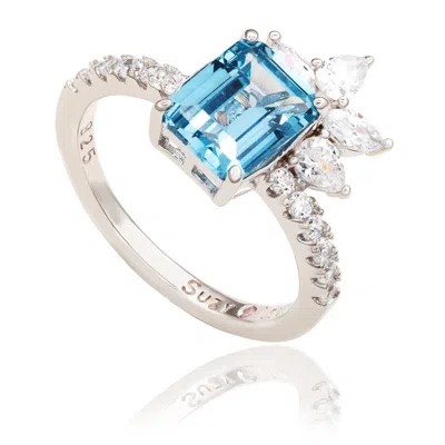 Suzy Levian Sterling Silver Aqua & White Cubic Zirconia Ring In Brown