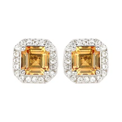 Suzy Levian Sterling Silver Assher Cut Yellow Sapphire Halo Stud Earrings In Orange