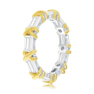 Suzy Levian Sterling Silver Baguette Cubic Zirconia Yellow Gold X Eternity Band In Metallic
