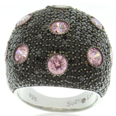 Suzy Levian Sterling Silver Black And Pink Cubic Zirconia Pave Oversized Dome Ring In Purple