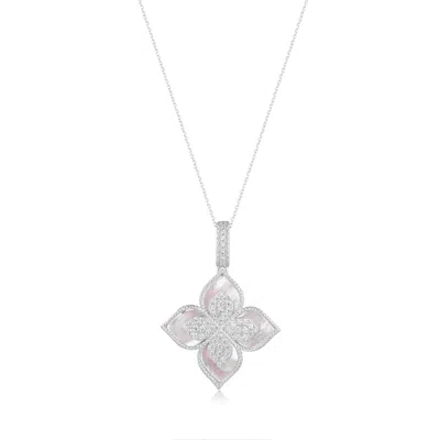 Suzy Levian Sterling Silver Black Enamel White Cubic Zirconia Pave Flower Clover Pendant In Metallic