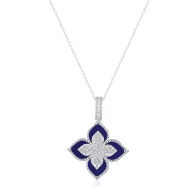 Suzy Levian Sterling Silver Black Enamel White Cubic Zirconia Pave Flower Clover Pendant In Blue