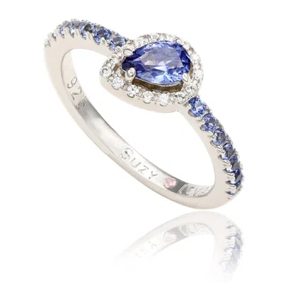SUZY LEVIAN STERLING SILVER BLUE & WHITE SAPPHIRE PEAR SHAPE PETITE RING