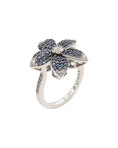 Suzy Levian Silver 0.02 Ct. Tw. Diamond & Blue Sapphire & Created White  Sapphire Flower Ring