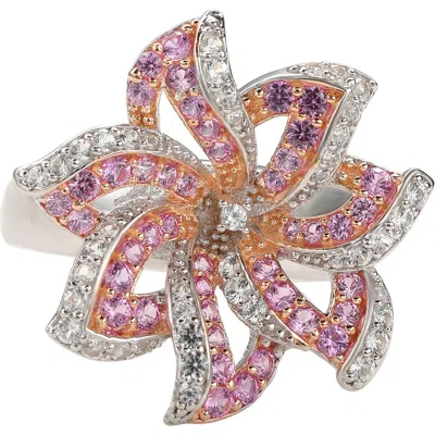 Suzy Levian Sterling Silver Blue Sapphire, Created White Sapphire & Brown Diamond Spiral Ring In Pink