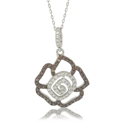 Suzy Levian Sterling Silver Brown And White Cubic Zirconia Flower Pendant In Metallic