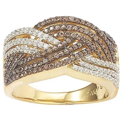 Suzy Levian Sterling Silver Brown And White Cz Crossover Ring