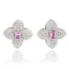 Suzy Levian Sterling Silver Clover Pink Sapphire & Created White Sapphire Stud Earring In Metallic