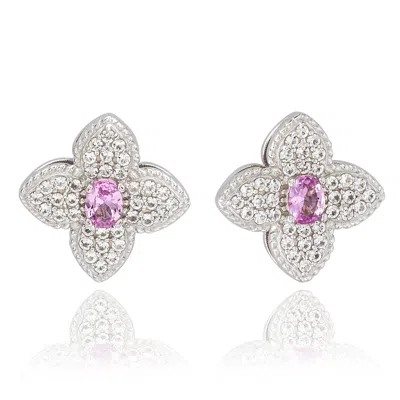 Suzy Levian Sterling Silver Clover Pink Sapphire & Created White Sapphire Stud Earring In Metallic