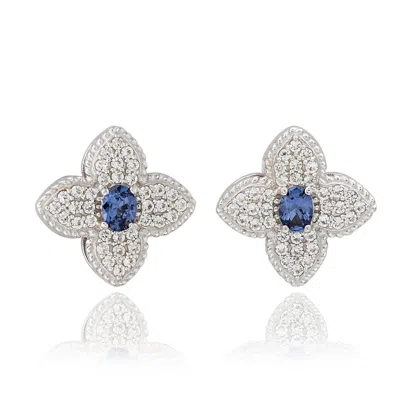 SUZY LEVIAN STERLING SILVER CLOVER PINK SAPPHIRE & CREATED WHITE SAPPHIRE STUD EARRING
