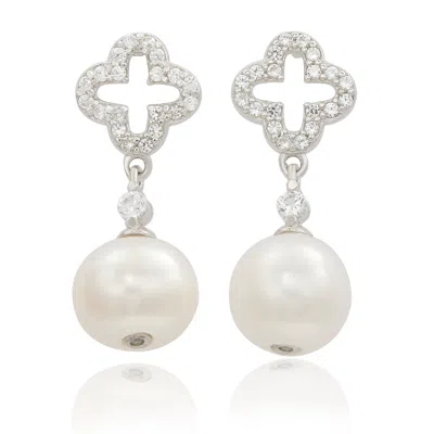 Suzy Levian Sterling Silver Clover White Sapphire And Cultured Pearl Earrings