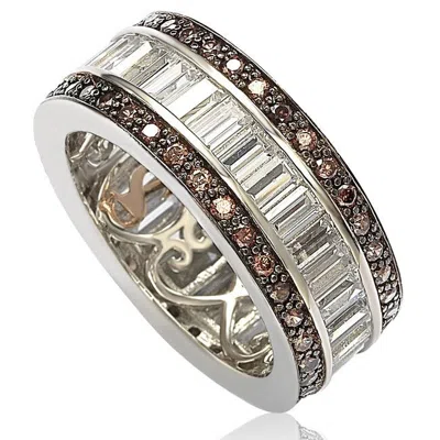 Suzy Levian Sterling Silver Cubic Zirconia Brown And White Baguette Eternity Band