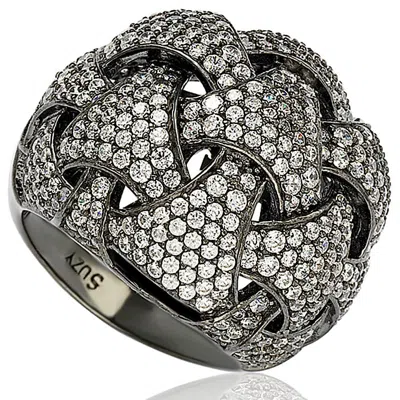 Suzy Levian Sterling Silver Cubic Zirconia Crossing Weaving Dome Ring In Black