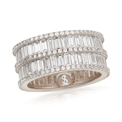 Suzy Levian Sterling Silver Cubic Zirconia Double Row White Baguette And Round Cut Wide Eternity Band In Metallic