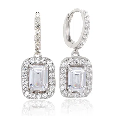 Suzy Levian Sterling Silver Cubic Zirconia Emerald Cut Halo Dangling Earrings