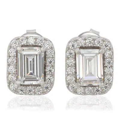 Suzy Levian Sterling Silver Cubic Zirconia Emerald Cut Halo Stud Earrings In White