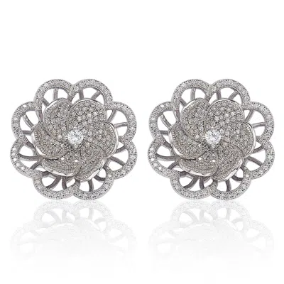 Suzy Levian Sterling Silver Cubic Zirconia Pave Flower Earrings In White
