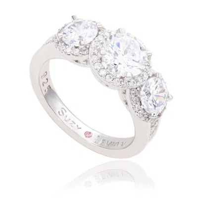 Suzy Levian Sterling Silver Cubic Zirconia White Three Stones Halo Engagement Ring In Metallic